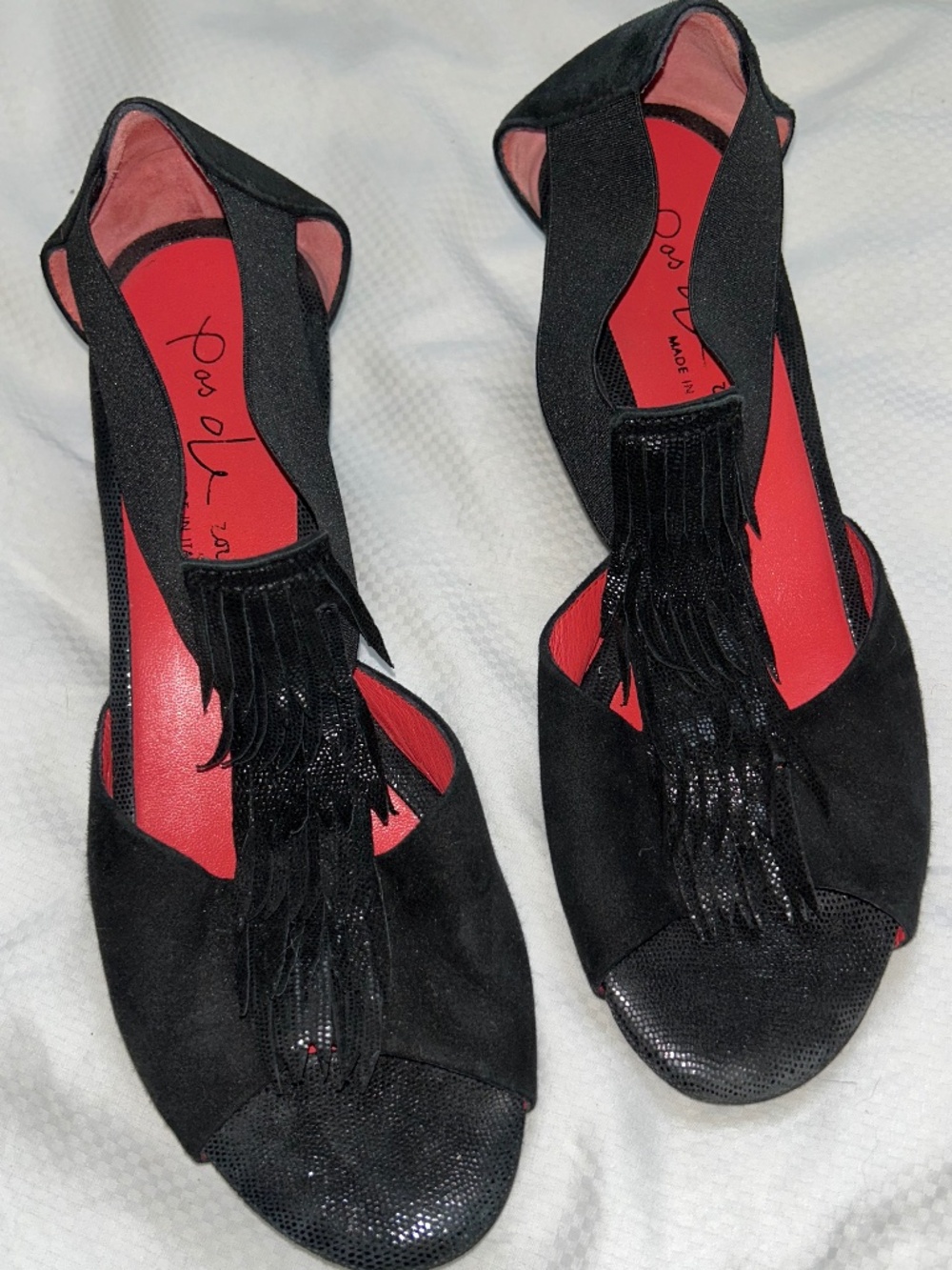 pos de rouge ITALY black suede layered fringe heeled sandals 39 8
